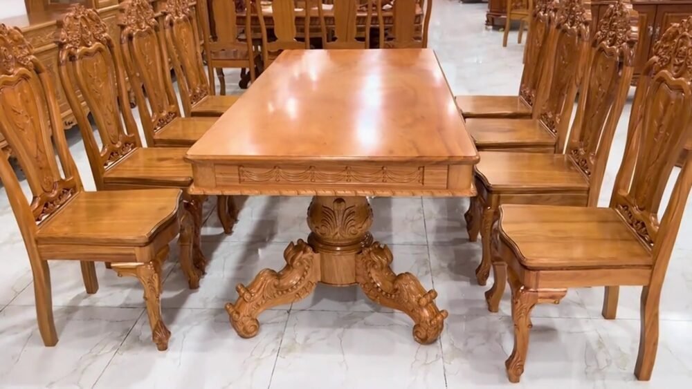 Bộ bàn ăn gỗ gõ đỏ mặt liền nguyên tấm 3 phân MS 3340 - kỹ thuật đóng mộng chắc chắn