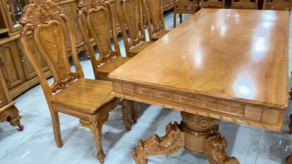 Bộ bàn ăn gỗ gõ đỏ mặt liền nguyên tấm 3 phân MS 3340 - góc nghiêng