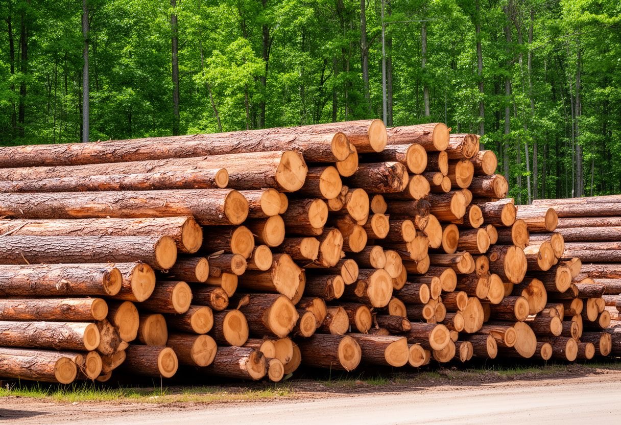 Khúc gỗ tự nhiên tròn xếp đống ngoài bãi gỗ ven rừng