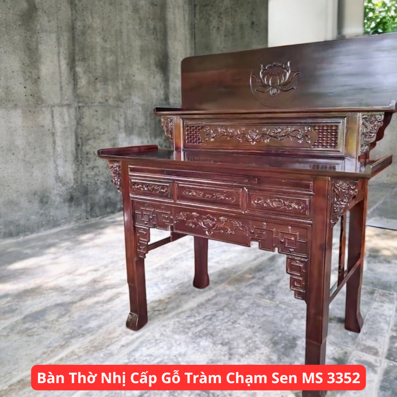 Bàn Thờ Nhị Cấp Gỗ Tràm Chạm Sen MS 3352