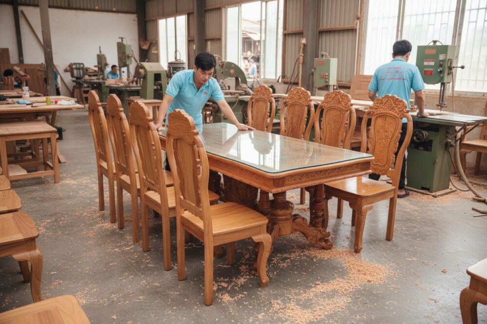 Bộ bàn ăn 8 ghế gỗ gõ đỏ chân sư tử MS 3341 - kỹ thuật đóng mộng chắc chắn