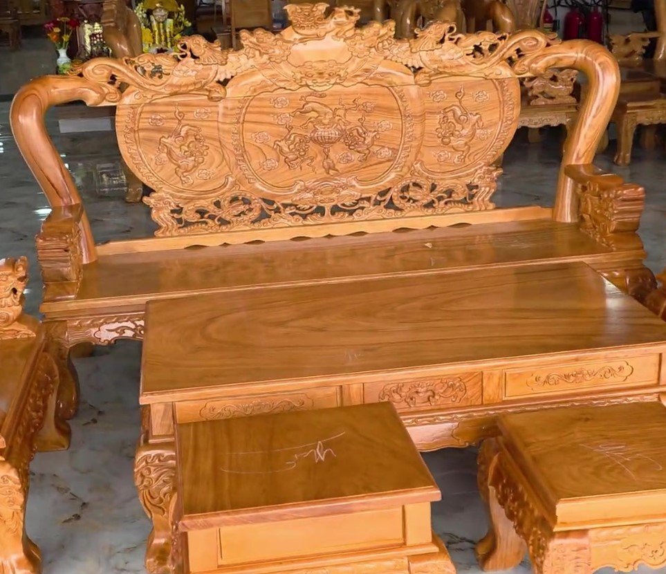 Bàn ghế salon gỗ chạm Nghê Phượng tay 12 MS 3377