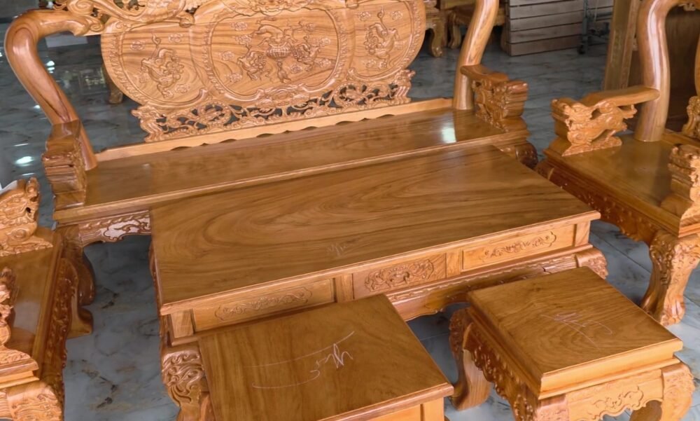 Bàn ghế salon gỗ chạm Nghê Phượng tay 12 MS 3377 - góc nghiêng