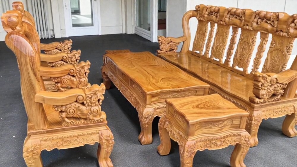 Bộ Salon Gỗ Gõ Đỏ Tay 12 Chạm Đào Tinh Xảo