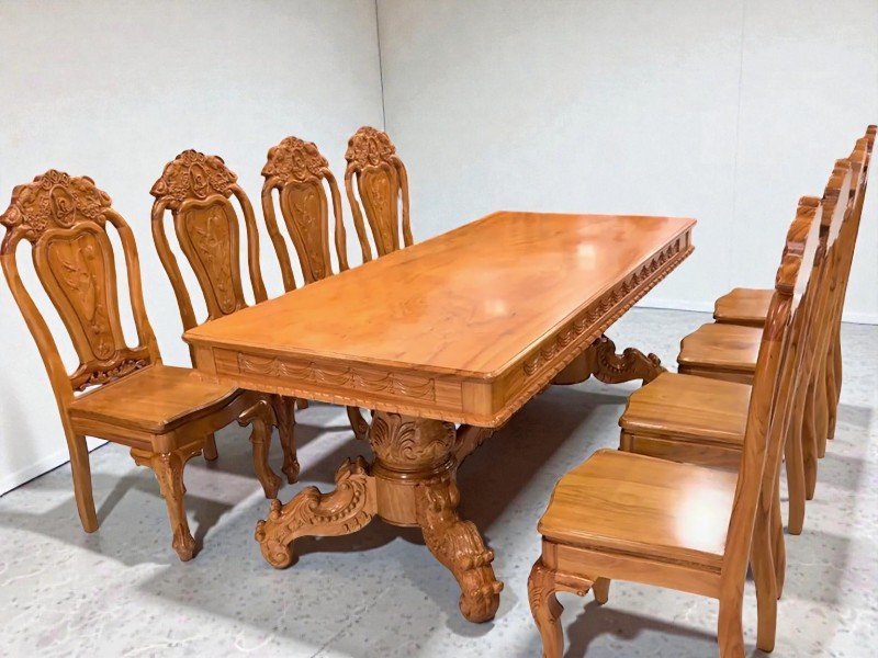Bộ bàn ăn gỗ gõ đỏ mặt liền nguyên tấm 3 phân MS 3340