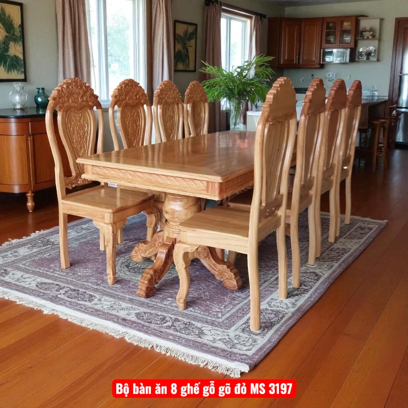 Bộ bàn ăn 8 ghế gỗ gõ đỏ MS 3197