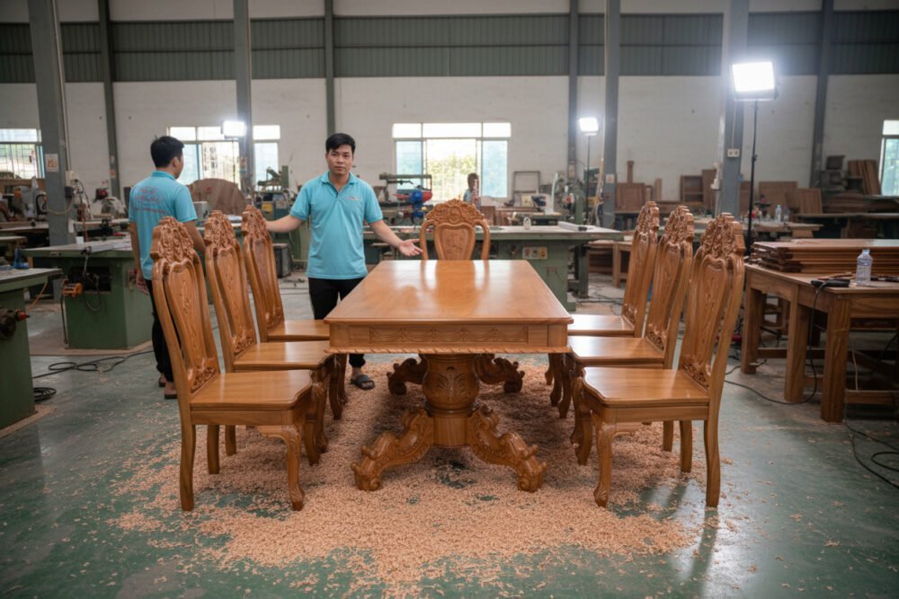 Bộ bàn ăn gỗ gõ đỏ mặt liền nguyên tấm 3 phân MS 3340 - bề mặt hoàn thiện