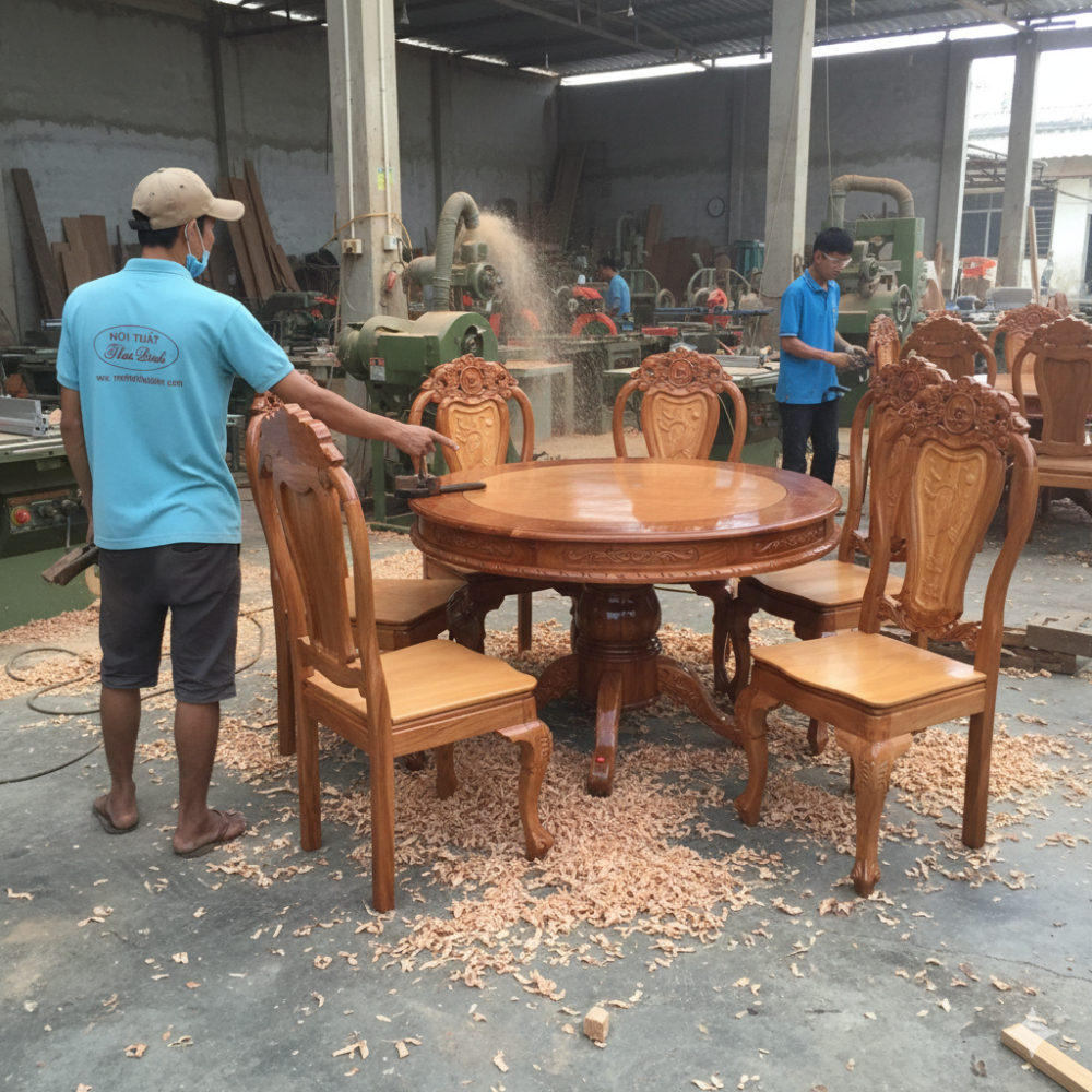 Bộ bàn ăn 8 ghế gỗ tự nhiên cao cấp MS 3363 - kỹ thuật đóng mộng chắc chắn