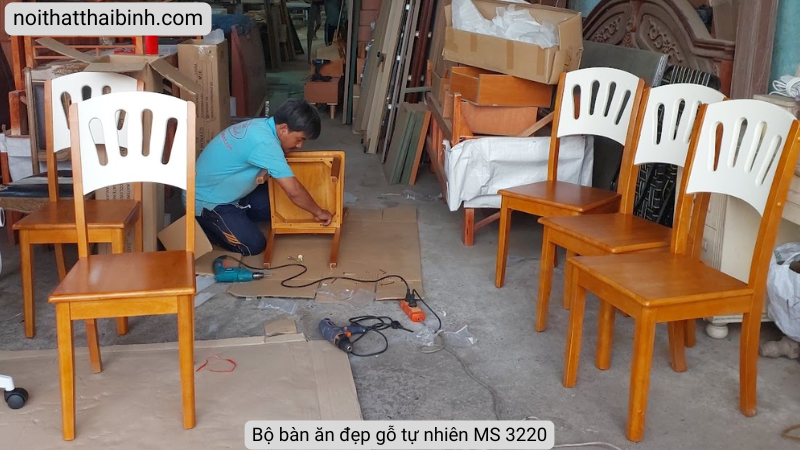 Bộ bàn ăn đẹp 6 ghế gỗ cao su tự nhiên màu nâu sang trọng