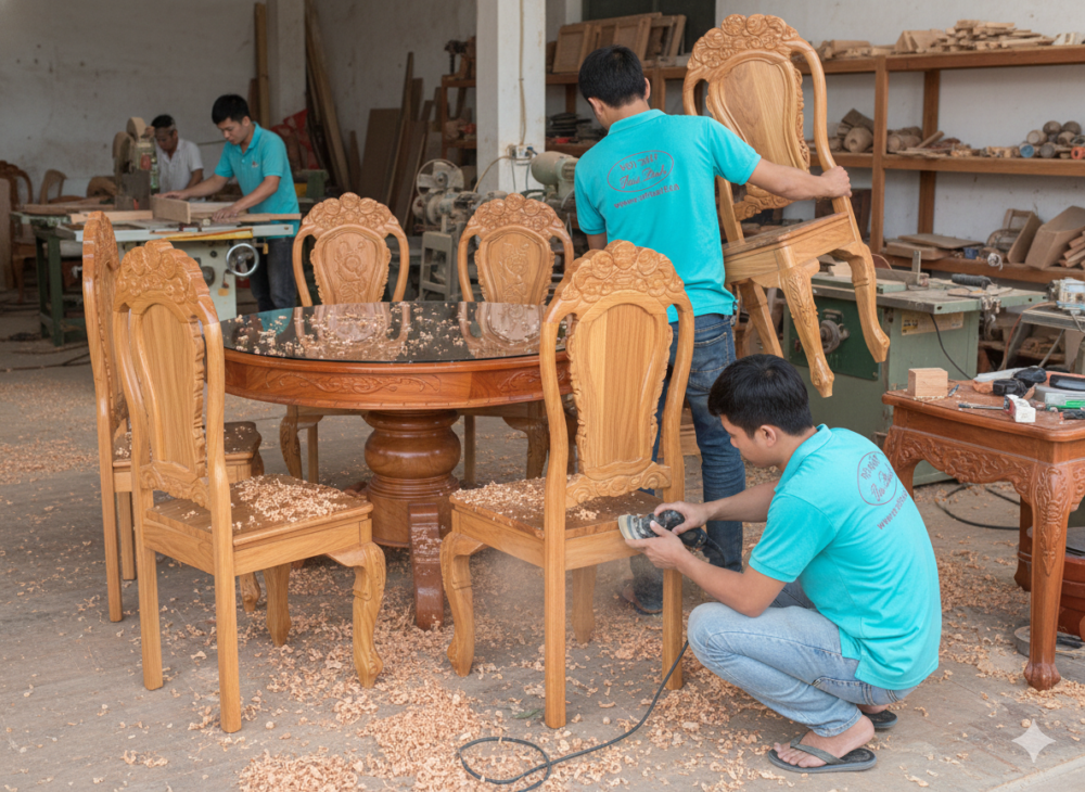 Bộ bàn tròn gỗ gõ đỏ 8 ghế