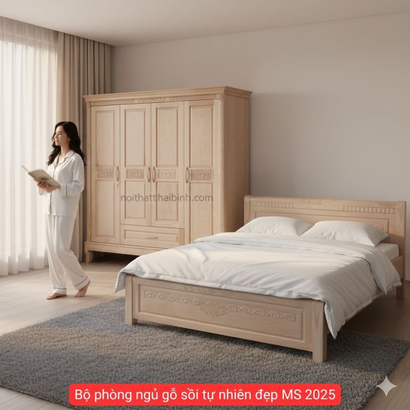 Bộ phòng ngủ gỗ sồi tự nhiên đẹp MS 2025