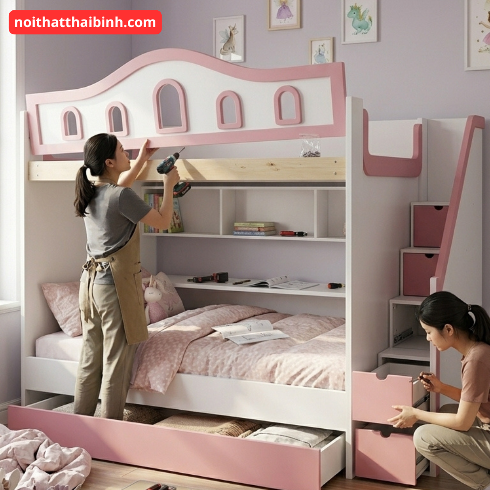 Giường tầng màu hồng MS 3435 - kỹ thuật đóng mộng chắc chắn