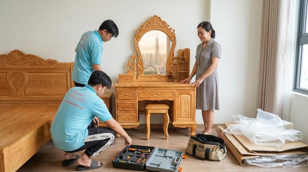 Bàn trang điểm gỗ gõ đỏ - mẫu thực tế tại xưởng