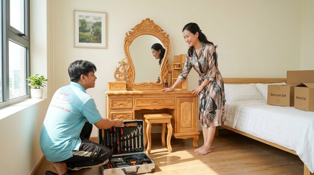 Bàn trang điểm gỗ gõ đỏ - đóng tại xưởng Thái Bình TPHCM