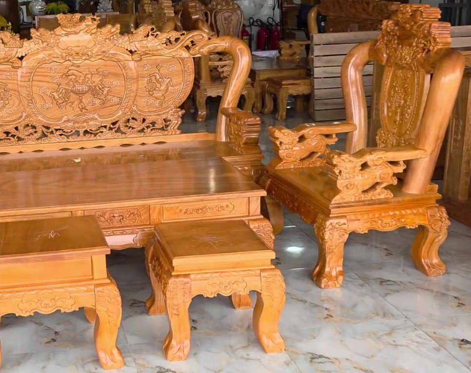 Bàn ghế salon gỗ chạm Nghê Phượng tay 12 MS 3377 - nhìn tổng thể