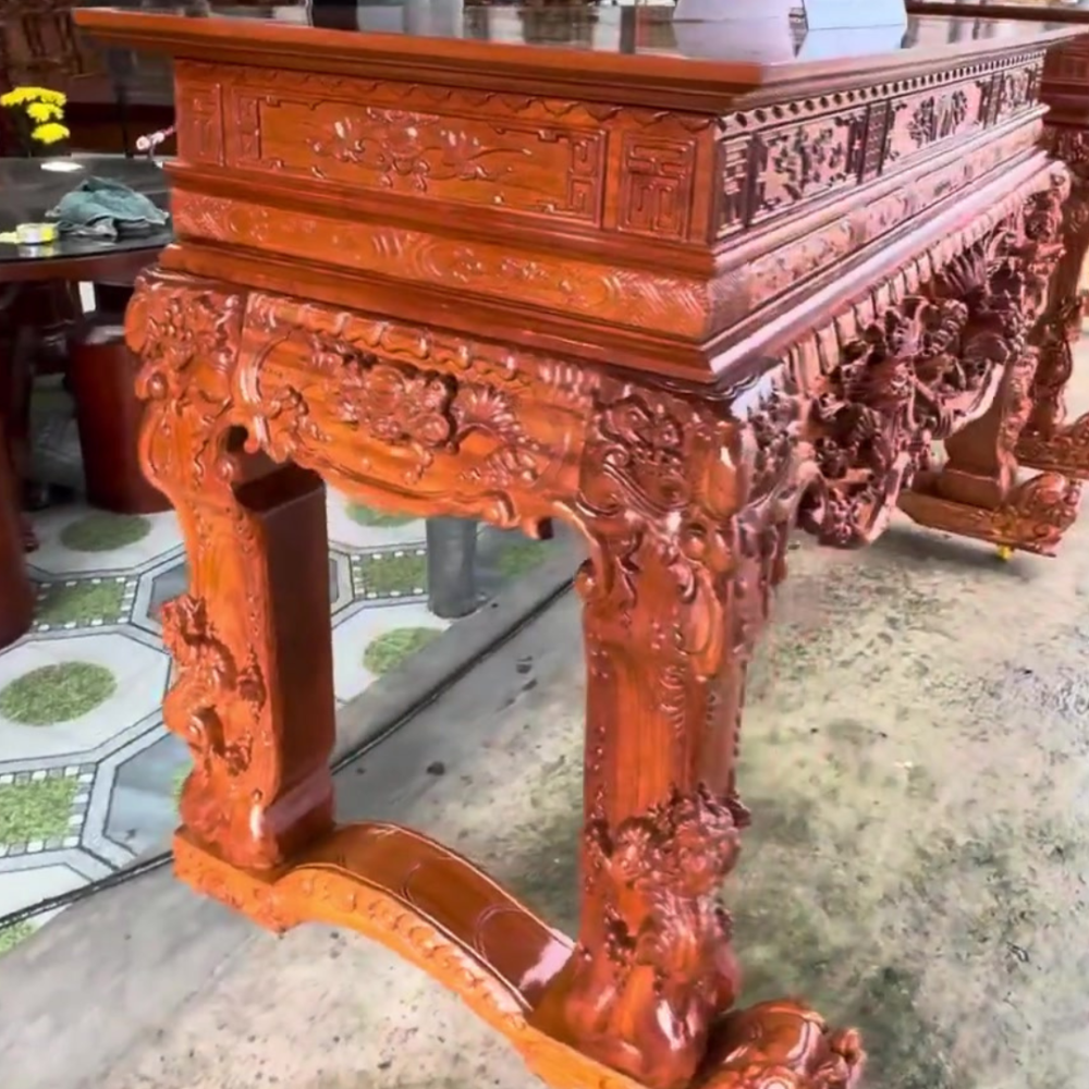 Chi tiết tổng thể bàn thờ Tứ Linh gỗ Gõ Đỏ kích thước lớn