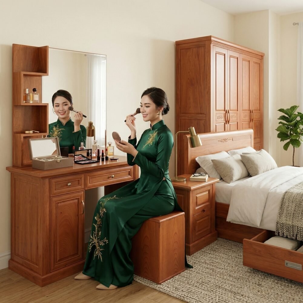 Combo nội thất phòng ngủ gỗ tự nhiên vân xoan đào cao cấp Combo nội thất phòng ngủ gỗ tự nhiên vân xoan đào cao cấp