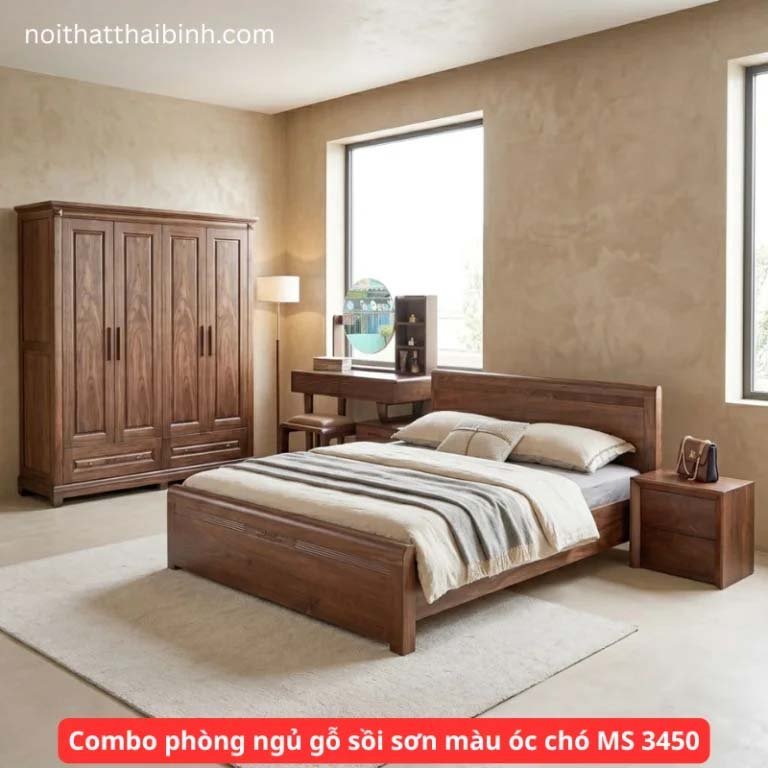 Combo phòng ngủ gỗ sồi sơn màu óc chó