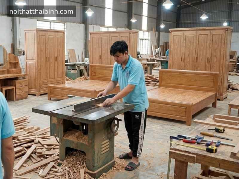 Combo phòng ngủ gỗ tự nhiên vân hương xám tại xưởng mộc Thái Bình