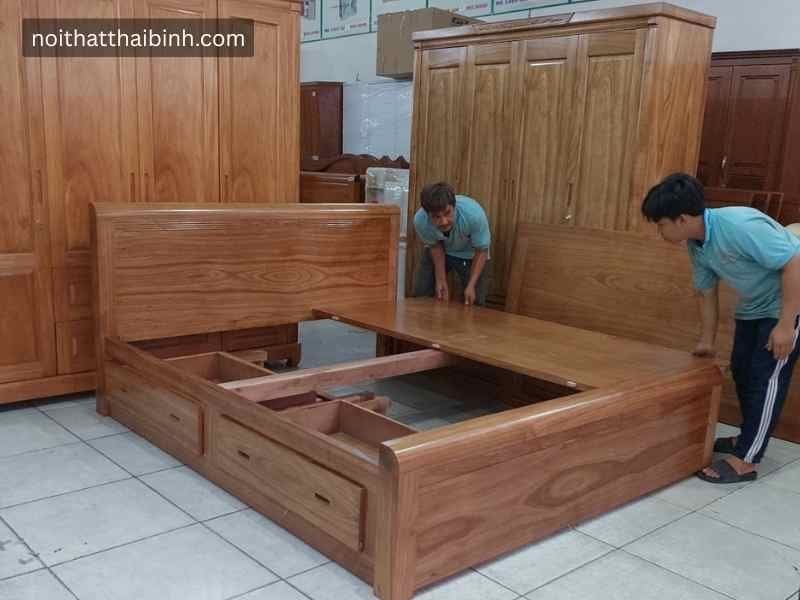 Giường Ngủ Gỗ Tự Nhiên Cao Cấp Mã 3078 Có Ngăn Kéo Tiện Lợi - đóng tại xưởng Thái Bình TPHCM