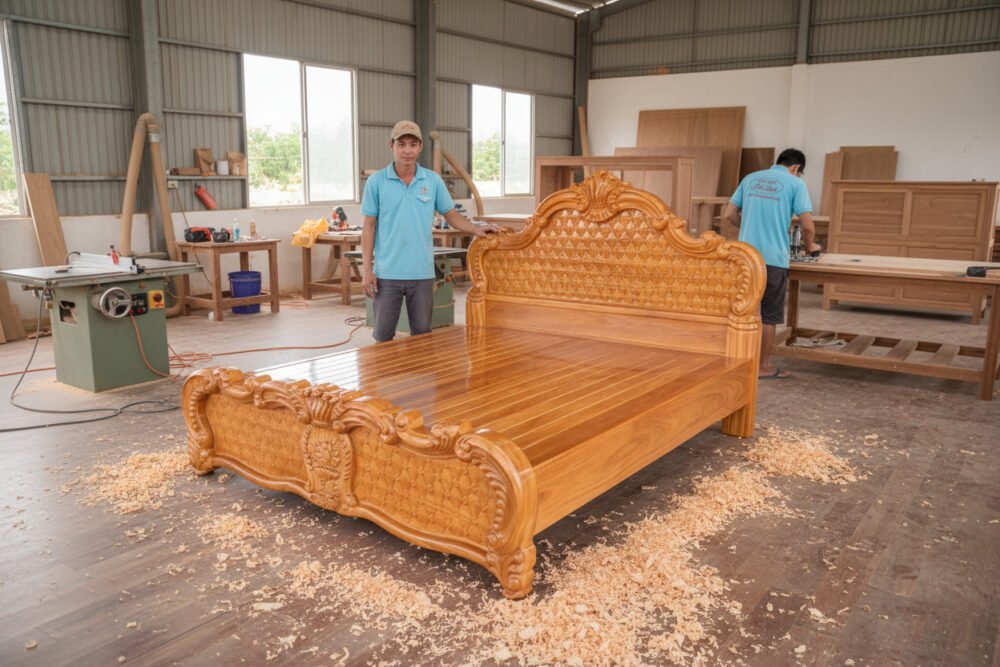 Giường gỗ gõ đỏ cao cấp MS 3314 - bề mặt hoàn thiện