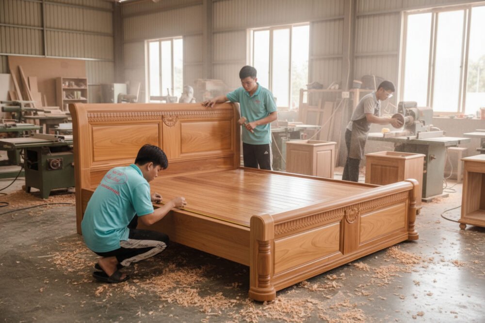 Giường ngủ gỗ gõ đỏ tự nhiên MS 3345 - bề mặt hoàn thiện