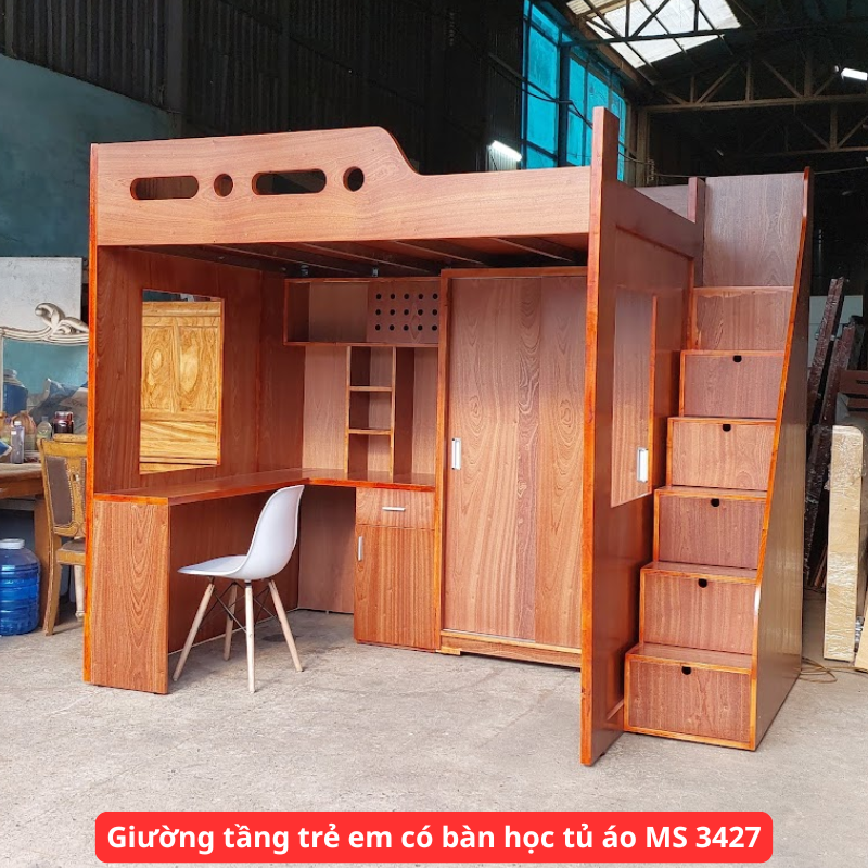 Giường Tầng Gỗ kết hợp bàn học và tủ quần áo MS 3427