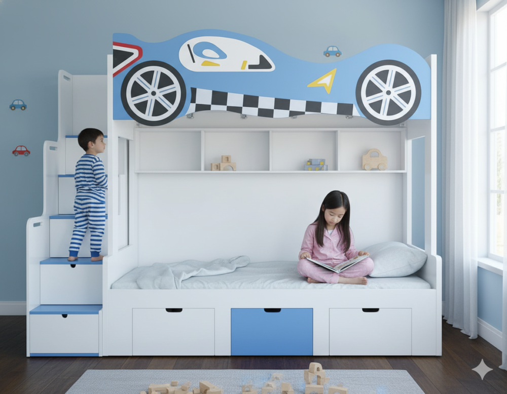 Giường tầng đẹp hình xe ô tô MS 2539 - chi tiết vân gỗ tự nhiên