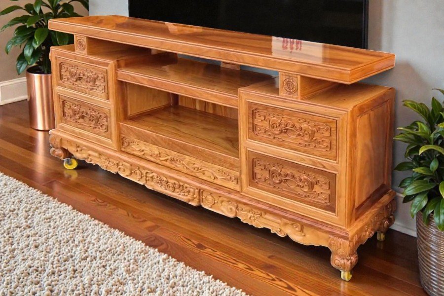 Kệ tivi gỗ gõ đỏ cao cấp MS 3343 - kỹ thuật đóng mộng chắc chắn
