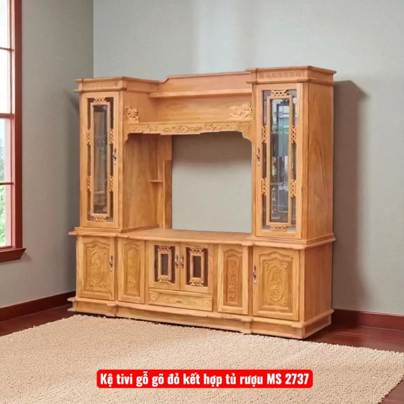 Kệ tivi gỗ gõ đỏ kết hợp tủ rượu MS 2737