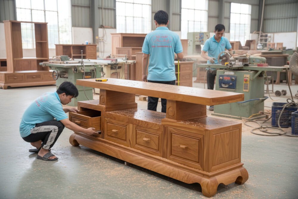 Kệ tivi gỗ gõ đỏ tự nhiên MS 3354 - bề mặt hoàn thiện