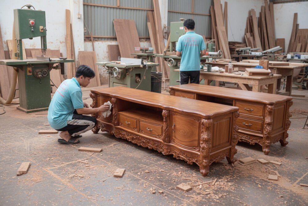 Kệ tivi gỗ hương đá hoàng gia MS 3338 - bề mặt hoàn thiện