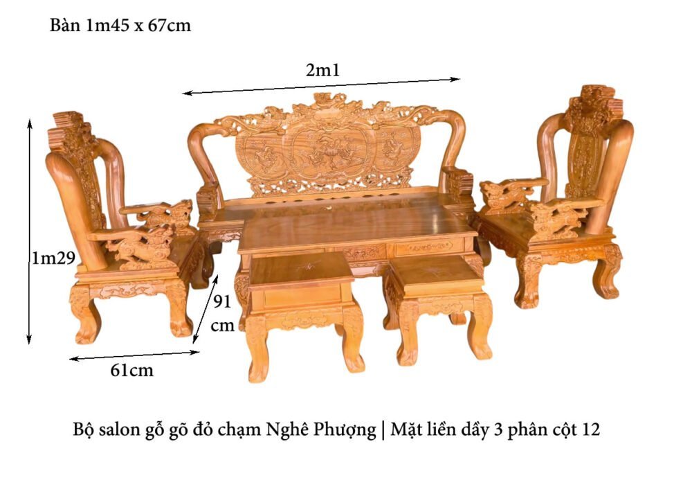 Bàn ghế salon gỗ chạm Nghê Phượng tay 12 MS 3377 - chi tiết vân gỗ tự nhiên