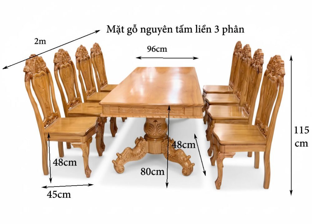 Bộ bàn ăn gỗ gõ đỏ mặt liền nguyên tấm 3 phân MS 3340 - chi tiết vân gỗ tự nhiên