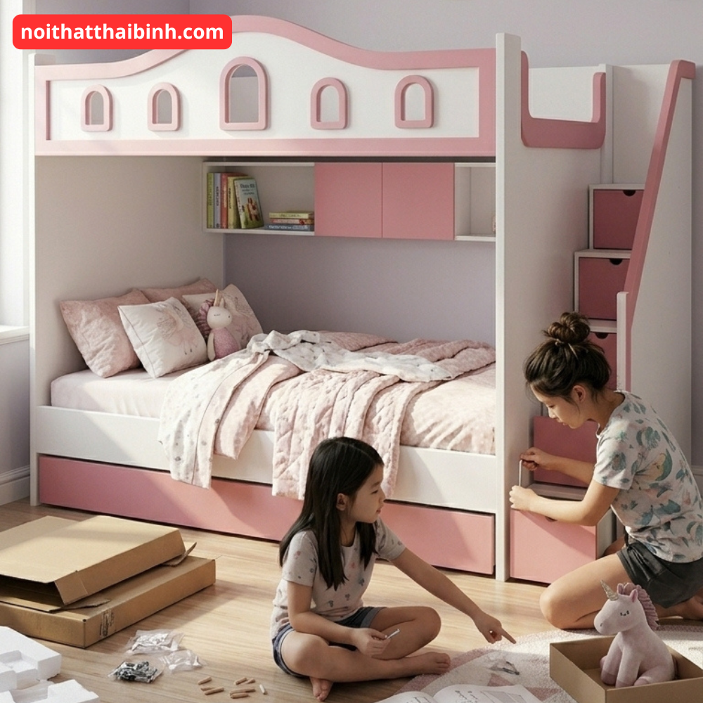 Giường tầng màu hồng MS 3435 - đóng tại xưởng Thái Bình TPHCM