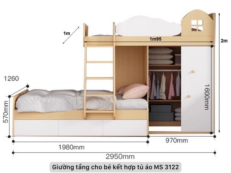 Giường tầng trẻ em kết hợp tủ áo MS 3122