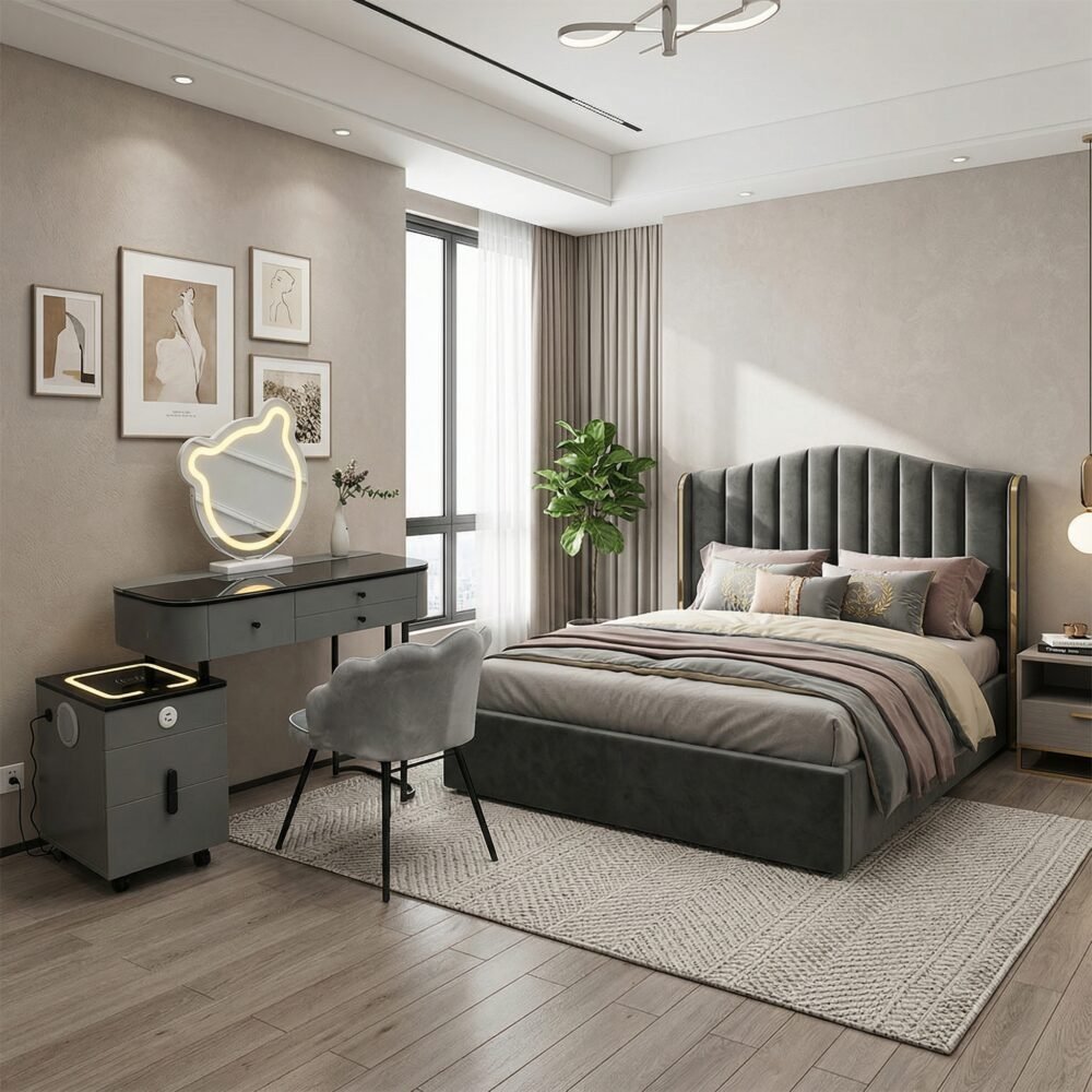 Mẫu nội thất phòng ngủ đẹp màu xám hiện đại sang trọng