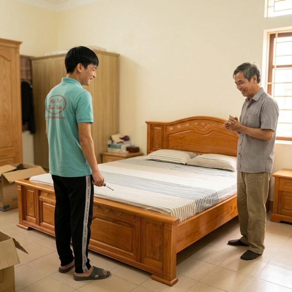 Giường gỗ gõ đỏ 1m8 MS 3441 - đóng tại xưởng Thái Bình TPHCM