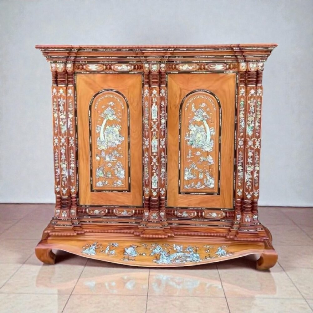 Tủ thờ gỗ căm xe gõ đỏ 9 trụ khảm xà cừ MS 3332 - kỹ thuật đóng mộng chắc chắn