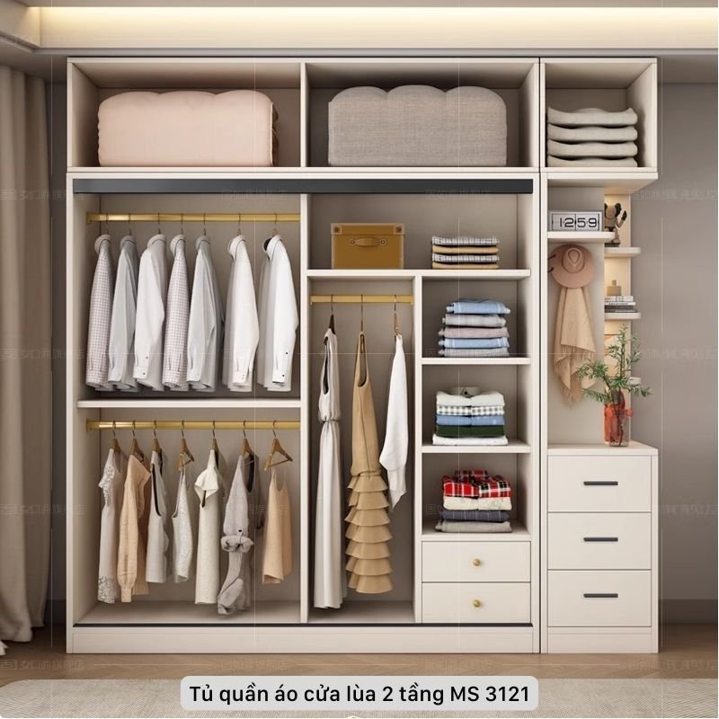 Bên trong tủ quần áo cửa lùa 2 tầng