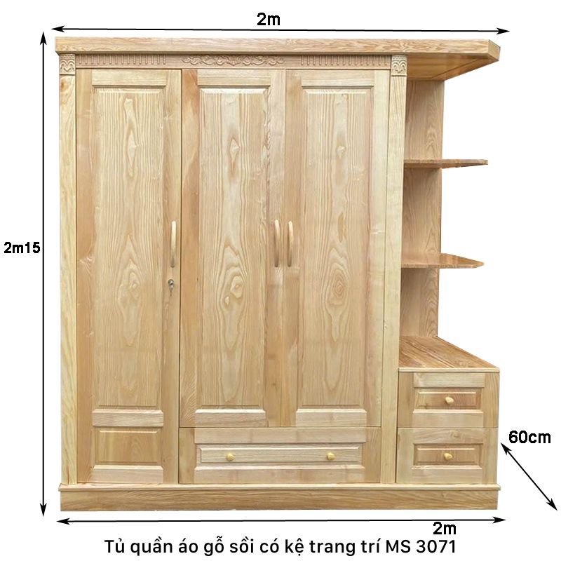 Kích thước tủ quần áo gỗ sồi có kệ trang trí Kích thước tủ quần áo gỗ sồi có kệ trang trí