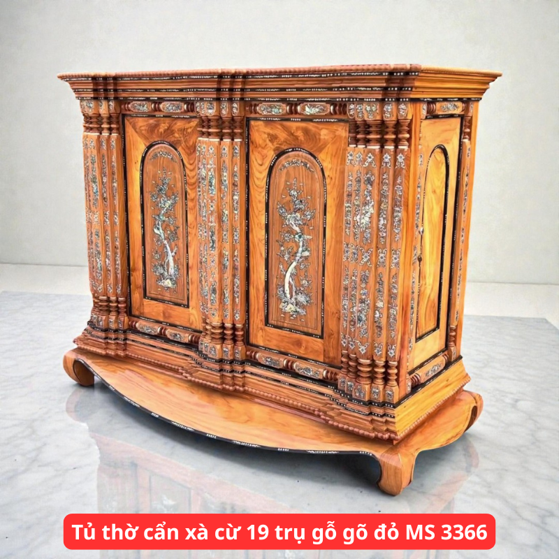 Tủ thờ cẩn xà cừ 19 trụ gỗ gõ đỏ MS 3366