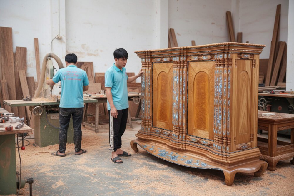 Tủ thờ gỗ gõ đỏ 19 trụ cao cấp MS 3344 - bề mặt hoàn thiện