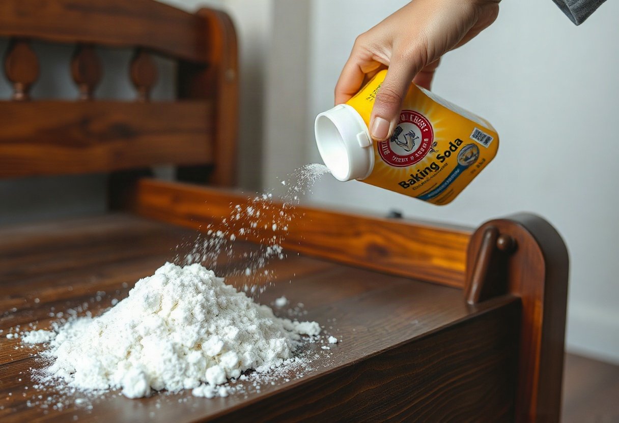 Baking soda rắc trên giường gỗ