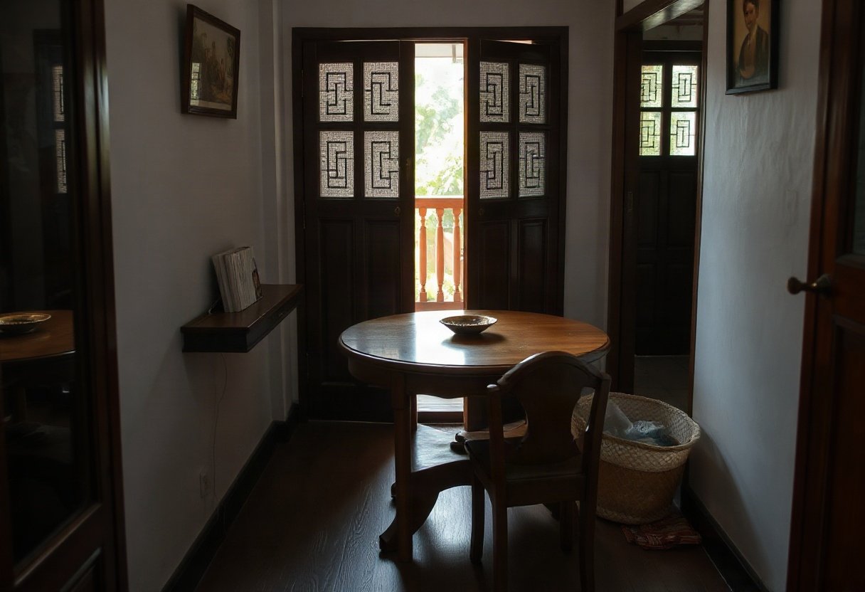 Bàn ăn gỗ tròn nhỏ trong phòng ăn hẹp