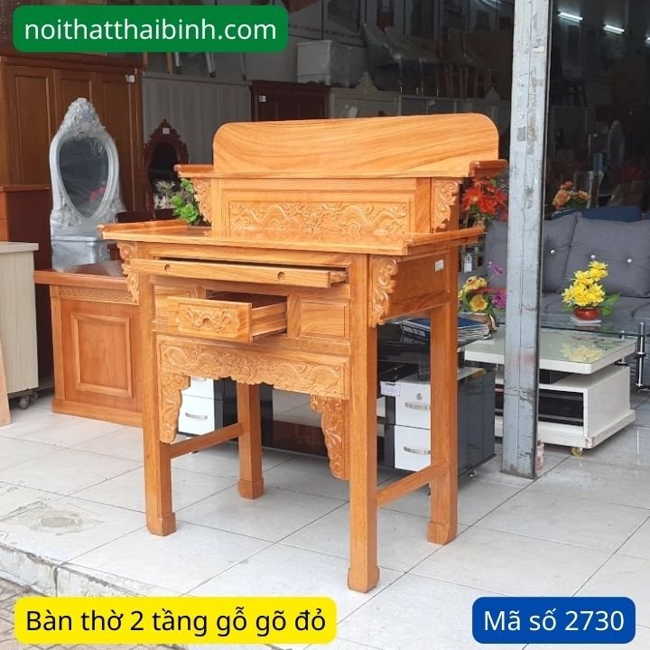 Chi tiết chạm khắc rồng phượng trên bàn thờ gỗ gõ đỏ Bàn thờ gỗ gõ đỏ 2 tầng MS 2730 - góc nghiêng