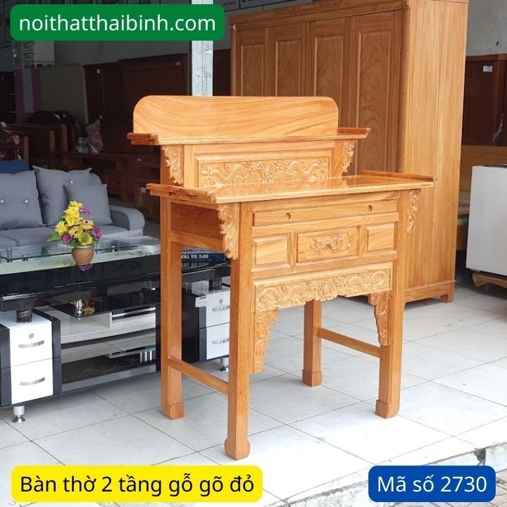 Bàn thờ gỗ gõ đỏ 2 tầng đẹp Bàn thờ gỗ gõ đỏ 2 tầng MS 2730 - chi tiết vân gỗ tự nhiên