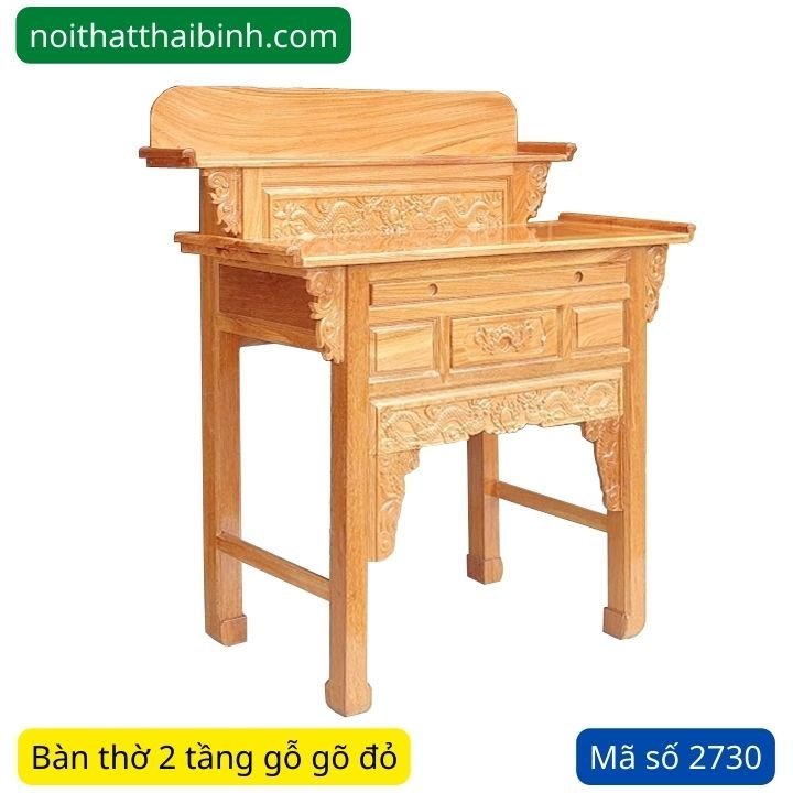 Bàn thờ gỗ gõ đỏ 2 tầng sang trọng phong thủy Bàn thờ gỗ gõ đỏ 2 tầng MS 2730 - bề mặt hoàn thiện