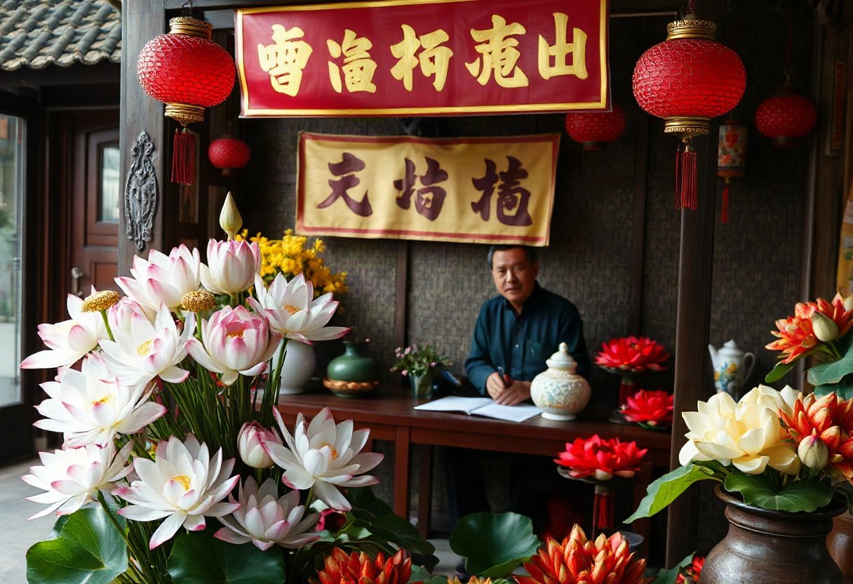 Bàn thờ với hoa sen mang lại may mắn