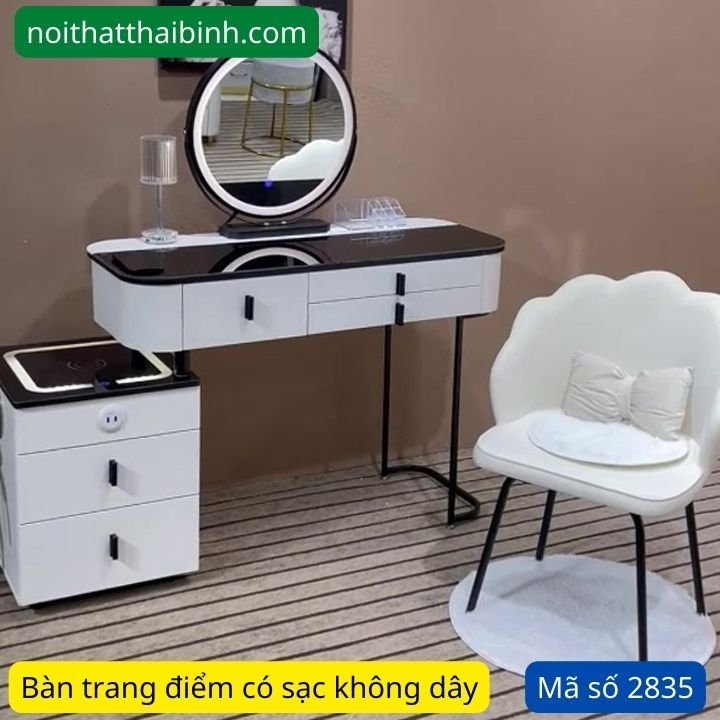 Bàn trang điểm gương đèn led cảm ứng kèm tủ tab sạc